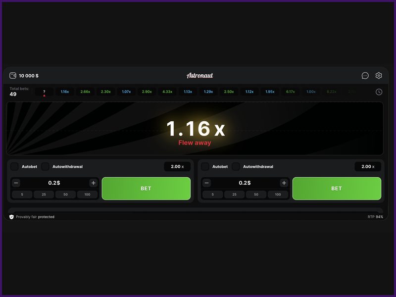 Auto-bet and automatic withdrawal in Astronaut