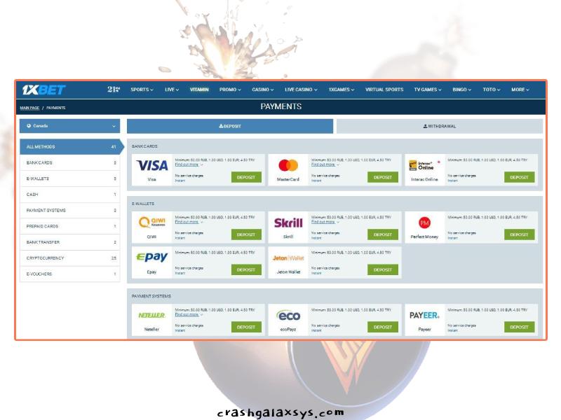 Comment faire un dépôt pour Crash Galaxsys chez 1xBet