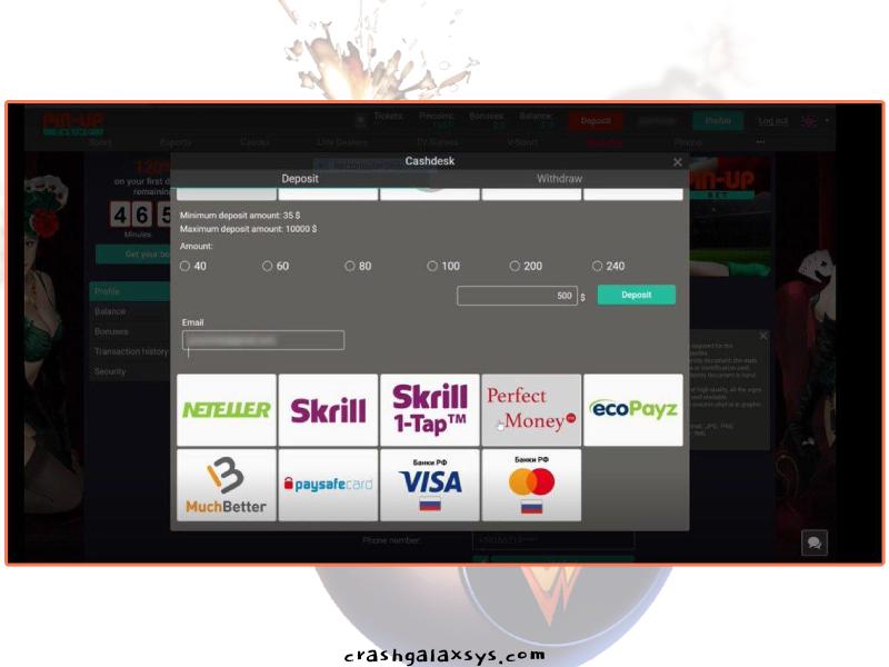 Cómo hacer un depósito para Crash Galaxsys en PinUp