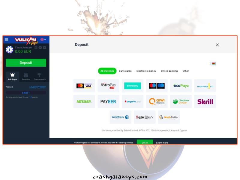 How to make a deposit for Crash Galaxsys at VulkanVegas